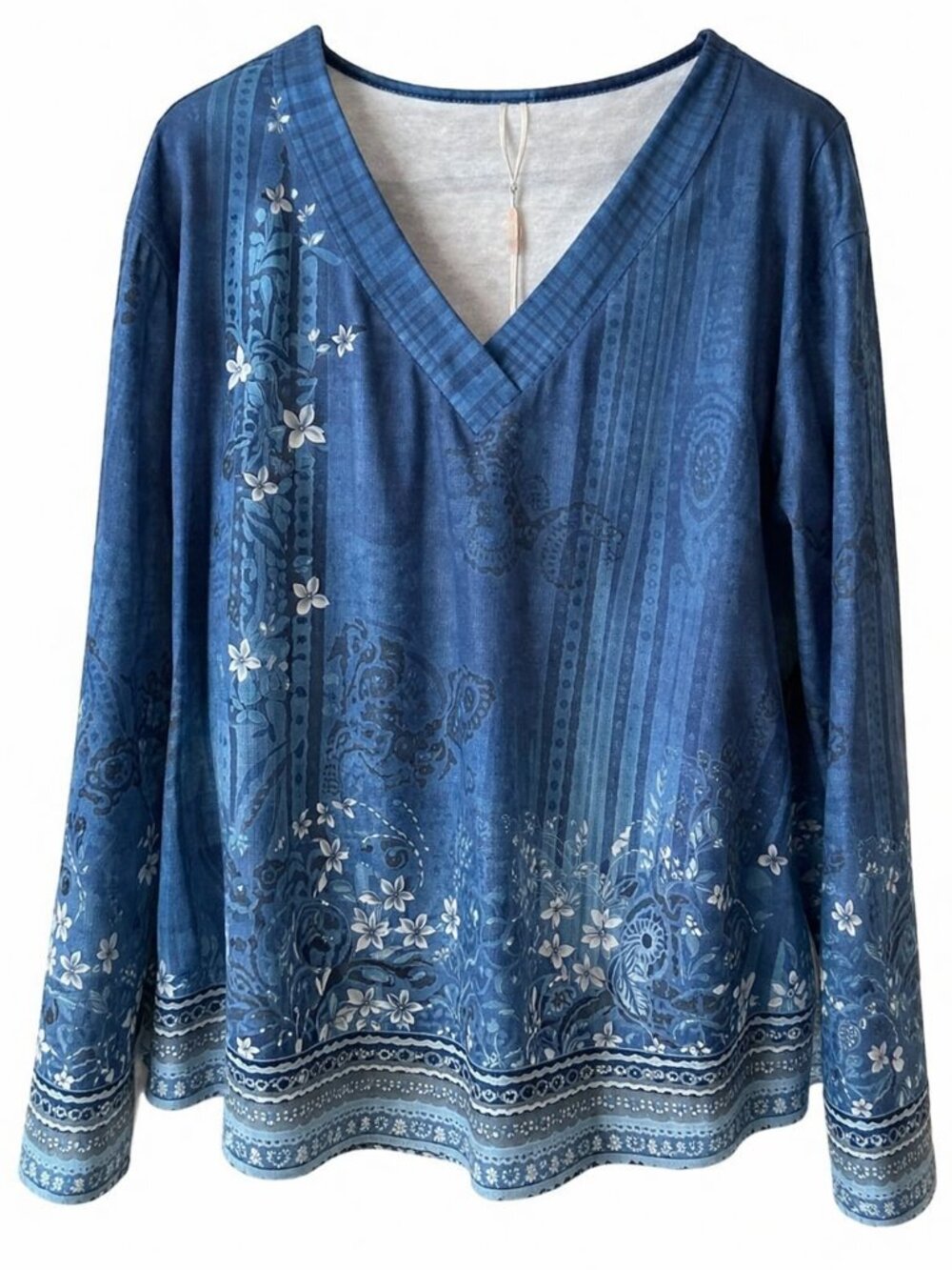 Boho Top Peasant Blouse V Neck Long Sleeves Casual Size L Blue Floral NEW